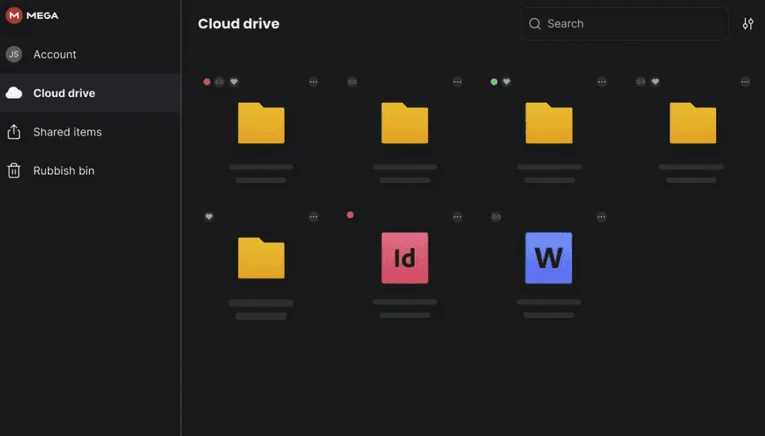 Espace Cloud drive de MEGA en mode sombre avec des dossiers et des fichiers
