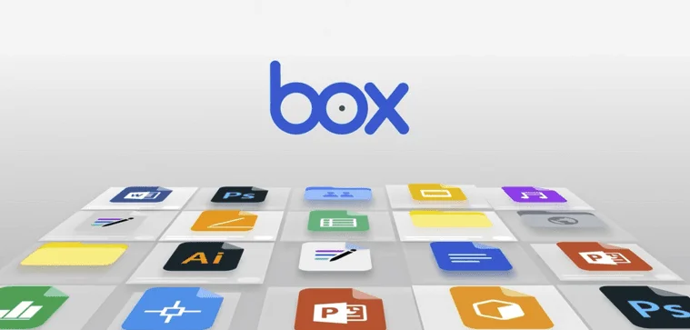 Logo Box au-dessus de rangées d'icônes de fichiers comme Word, Photoshop, Illustrator et PowerPoint