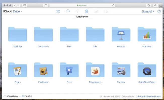 iCloud Drive in a web browser, with folders such as Desktop, Documents, Keynote, Numbers and Pages