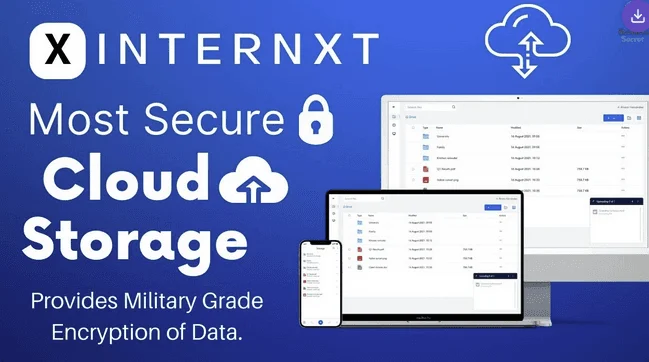 Bannière Internxt « Most Secure Cloud Storage » avec l'application sur un écran, un portable et un téléphone