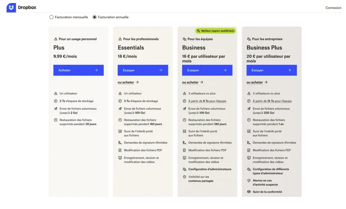 Page de tarifs Dropbox comparant les offres Plus, Essentials, Business et Business Plus en facturation annuelle