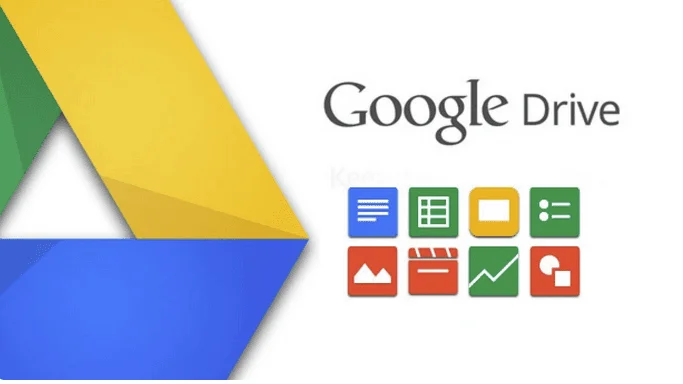 Logo Google Drive entouré des icônes de ses applications de documents, de tableurs et de présentations