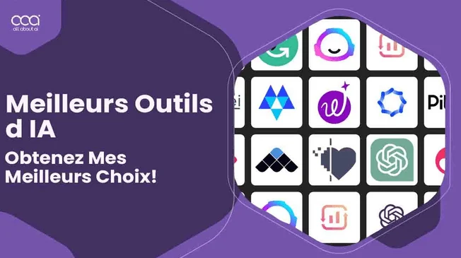 French banner "Meilleurs Outils d IA" (Best AI Tools) with a grid of AI app logos, including ChatGPT