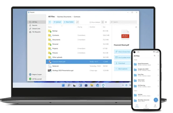 Tresorit app on a Windows laptop and a phone, showing folders and a selected PDF