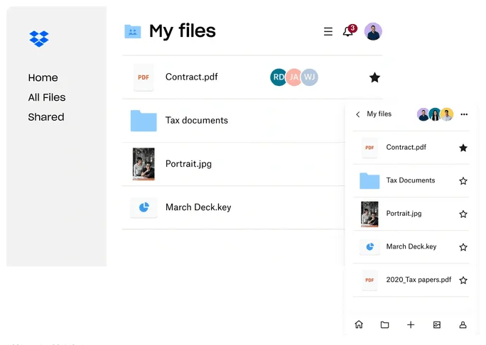 Dropbox “My files” on desktop and mobile, listing a contract, a tax folder, a portrait and a slide deck