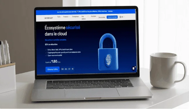 Internxt French homepage on a laptop: “Écosystème sécurisé dans le cloud”, 82% off, from €1.80 a month