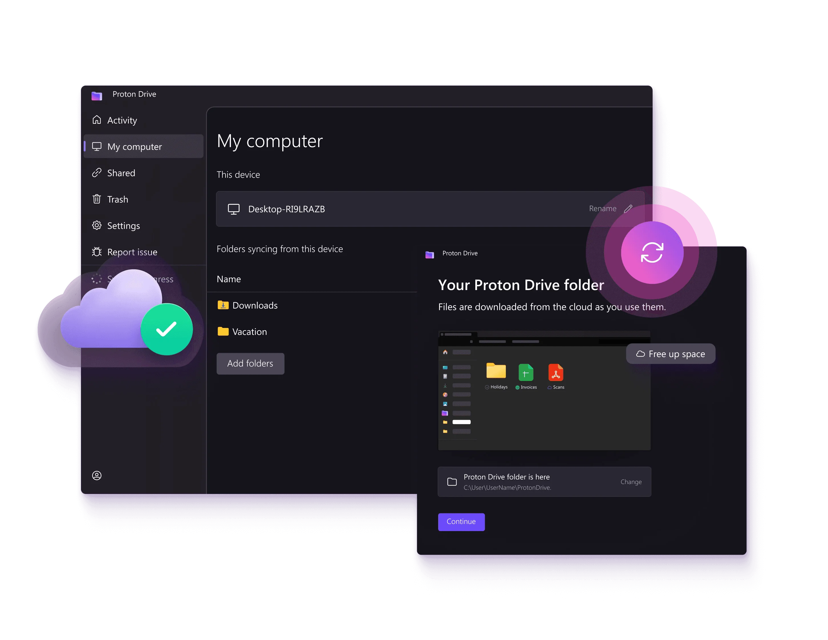 Proton Drive desktop app showing folders syncing from this computer and the Proton Drive folder setup screen