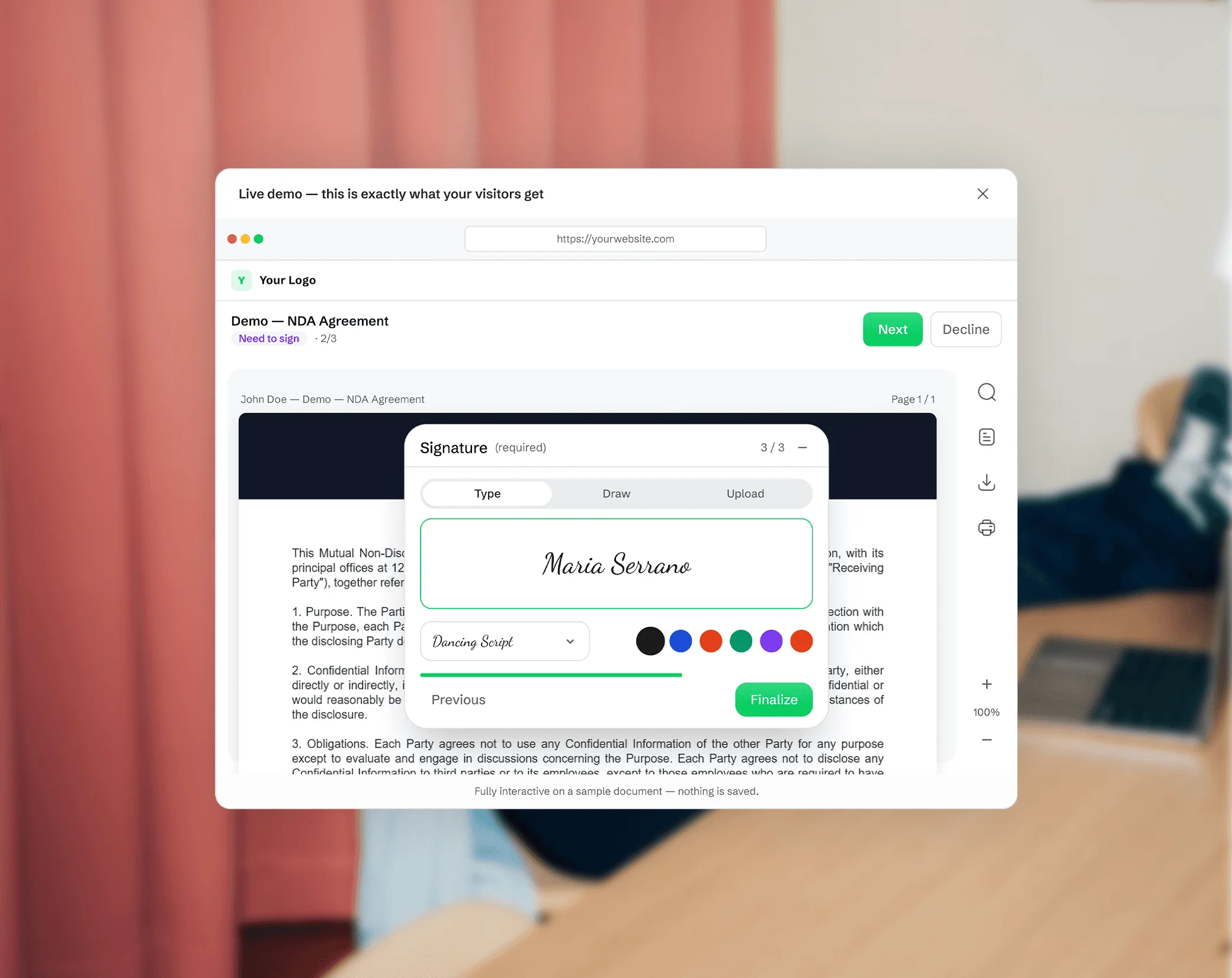 Live-Demo des Drime-Sign-Widgets: eine Geheimhaltungsvereinbarung auf einer Beispielseite mit geöffnetem Signaturbereich