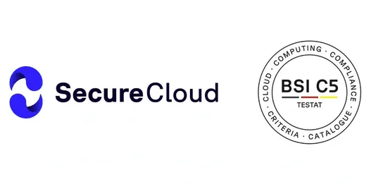 Logo SecureCloud à côté d'un badge BSI C5 Testat
