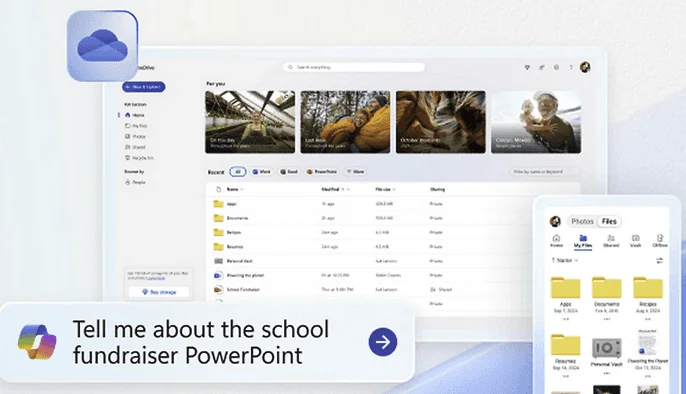OneDrive on desktop and mobile with a Copilot prompt: "Tell me about the school fundraiser PowerPoint"
