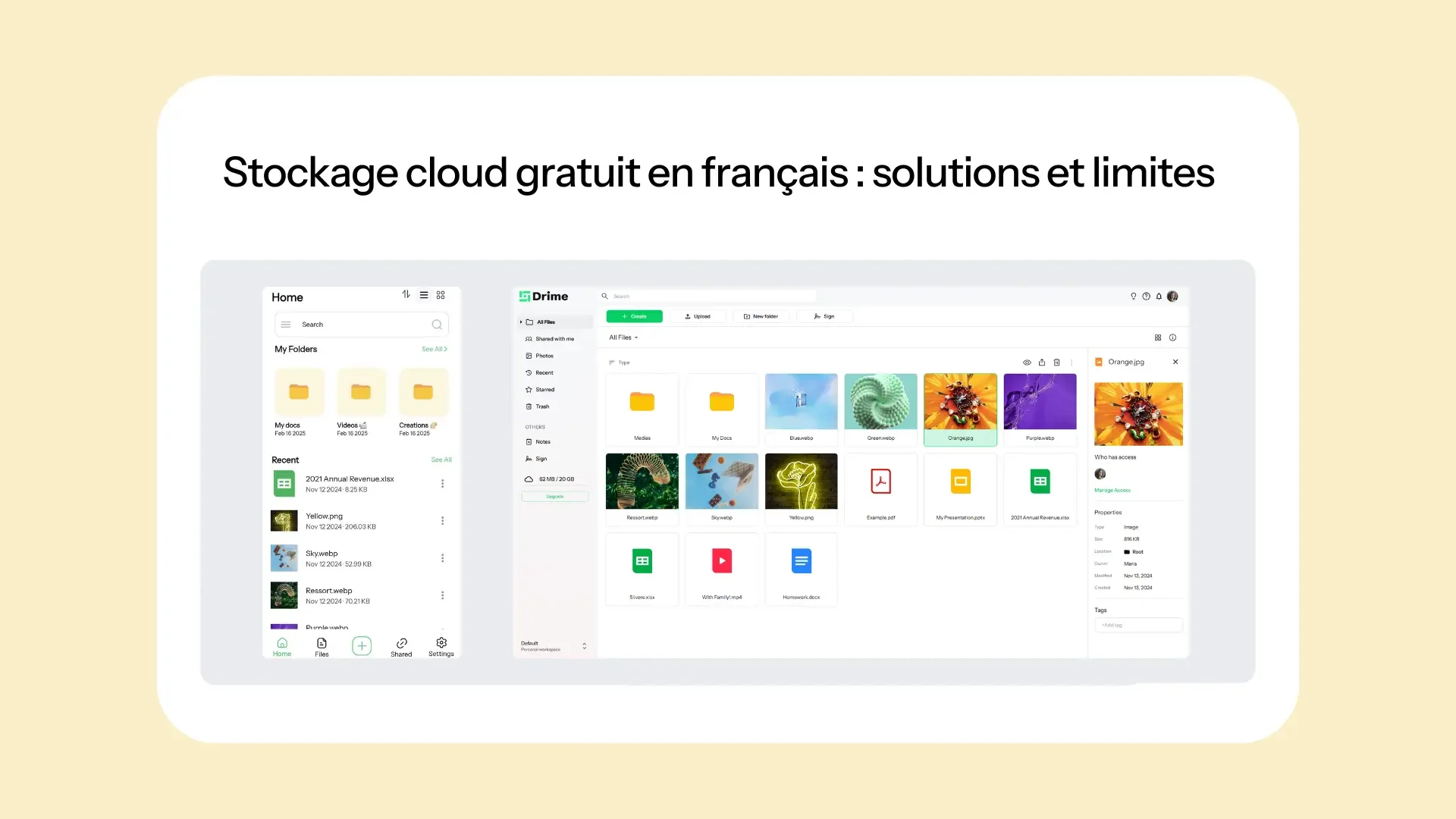 Stockage cloud gratuit en français : solutions et limites, avec une capture de l’application Drime