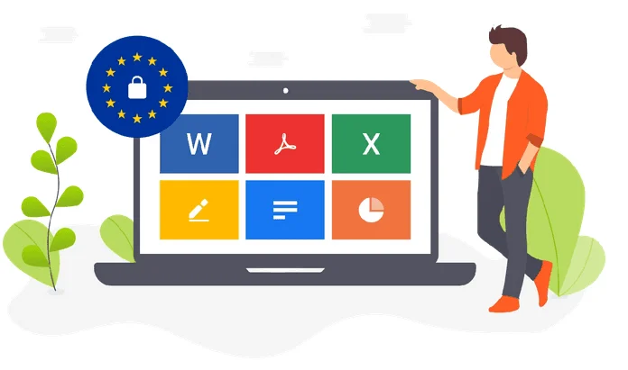 Laptop showing document icons, with an EU flag padlock badge and a man standing beside it