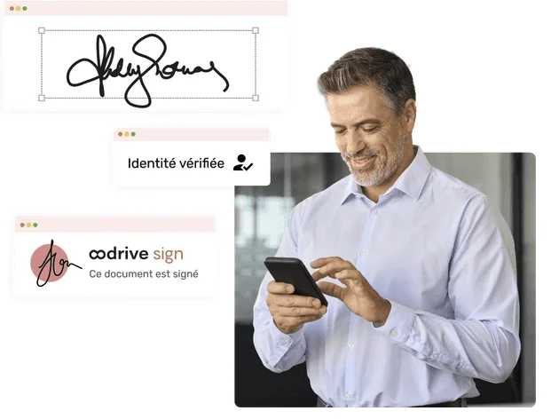 Visuels Oodrive Sign : signature manuscrite, « Identité vérifiée » et « Ce document est signé », près d'un homme au téléphone