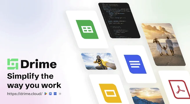 Drime banner "Simplify the way you work" with previews of a spreadsheet, document, slides, PDF, photos and code
