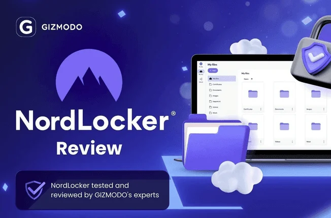 Bannière Gizmodo « NordLocker Review » avec le logo NordLocker et son gestionnaire de fichiers sur un portable