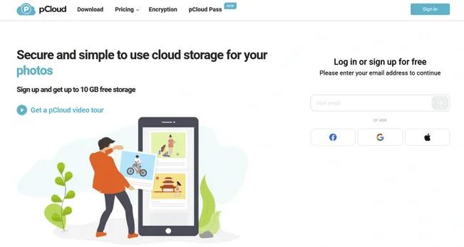 pCloud sign-up page: cloud storage for your photos, up to 10 GB free