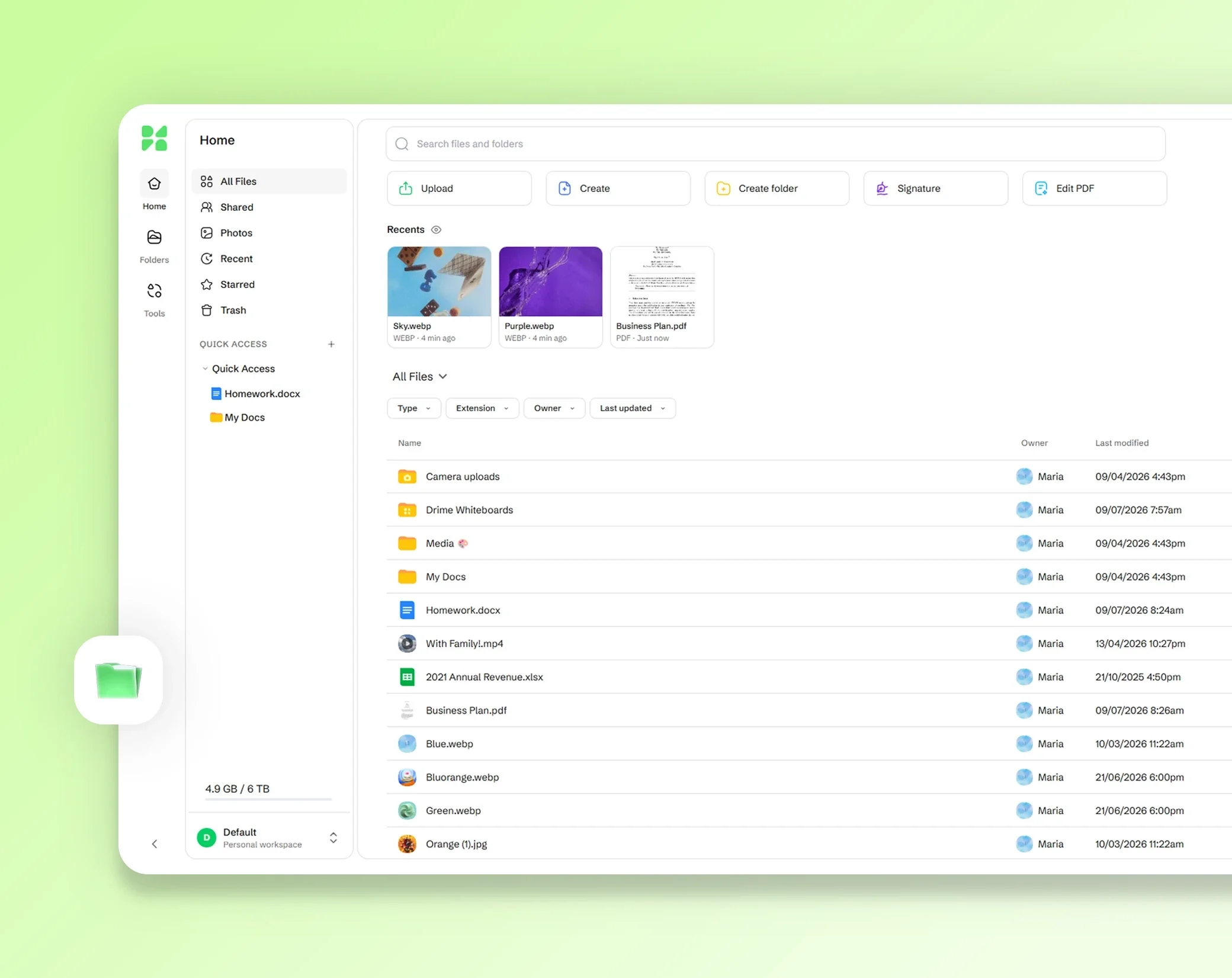 Startseite der Drime-Web-App: Schnellzugriffe, zuletzt verwendete Dateien und die Liste All Files mit Ordnern und Dokumenten