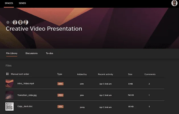 Espace Hightail « Creative Video Presentation » avec sa File Library listant une vidéo, une image et un document