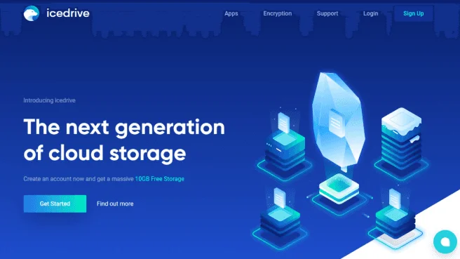 Page d'accueil d'Icedrive : « The next generation of cloud storage », avec 10GB de stockage gratuit