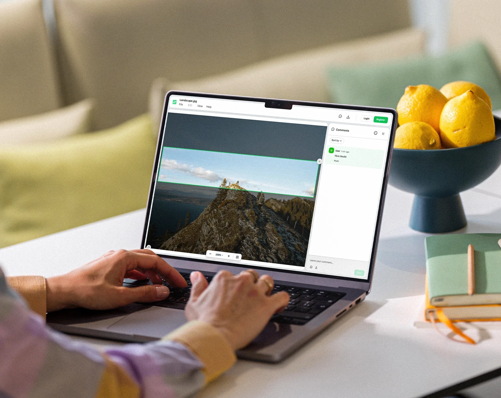 Laptop mit einem in Drime geöffneten Foto und dem Bereich Kommentare daneben