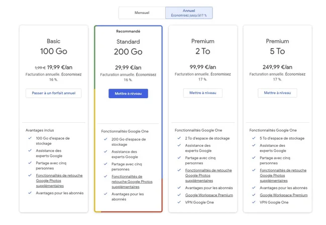 Google One yearly plans in French: 100 GB at €19.99, 200 GB at €29.99, 2 TB at €99.99 and 5 TB at €249.99