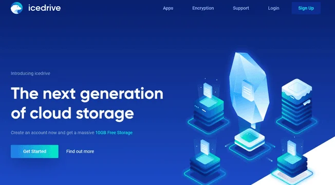 Page d'accueil Icedrive : « The next generation of cloud storage », avec une offre de 10 Go de stockage gratuit