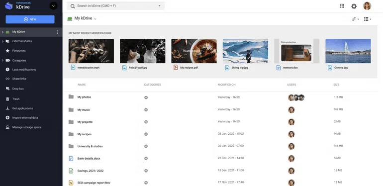 Application web kDrive affichant My kDrive avec les fichiers récents et une liste de dossiers