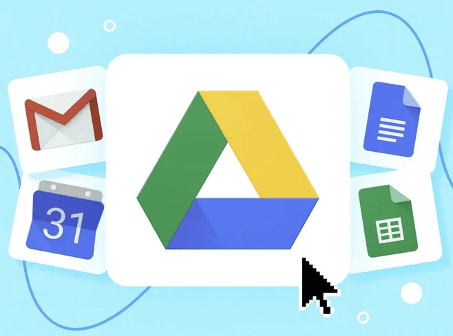 Logo Google Drive entouré des icônes Gmail, Agenda, Docs et Sheets