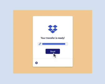 Fenêtre Dropbox Transfer « Your transfer is ready! » avec un lien et le curseur sur Send