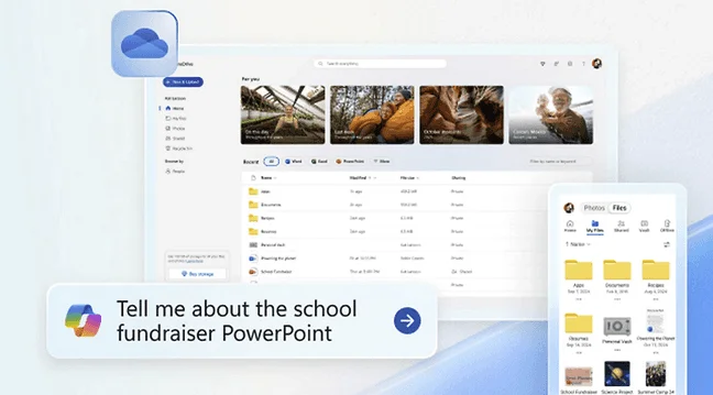 OneDrive sur ordinateur et mobile avec fichiers récents et dossiers, et une requête Copilot sur un PowerPoint