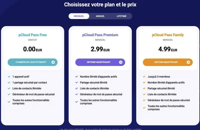 pCloud Pass pricing in French: Free at 0.00 EUR, Premium at 2.99 EUR and Family at 4.99 EUR per month