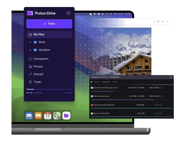 Proton Drive on a Mac with its file sidebar, a photo preview and an upload progress panel
