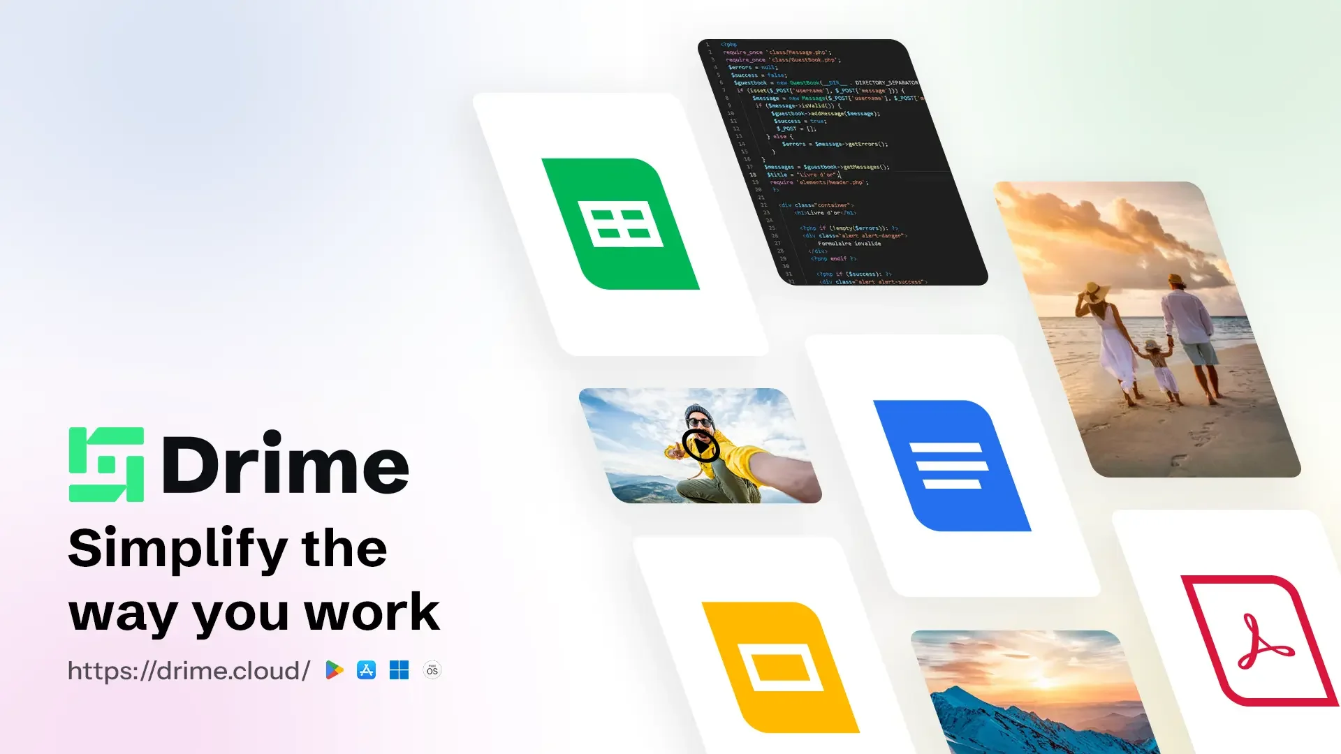 Bannière Drime « Simplify the way you work » avec des icônes de types de fichiers et des photos