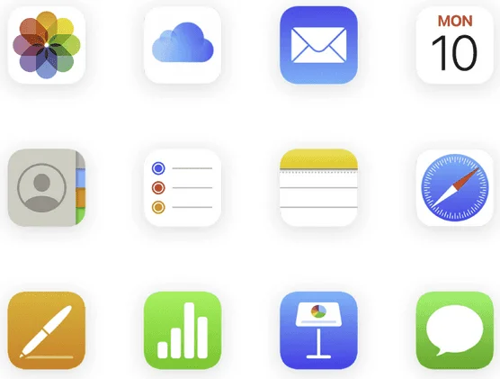 iCloud app icons, including Photos, iCloud Drive, Mail, Calendar, Notes, Pages, Numbers and Keynote
