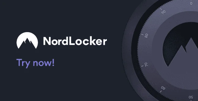 Logo de NordLocker avec « Try now! » à côté d'une molette de coffre-fort