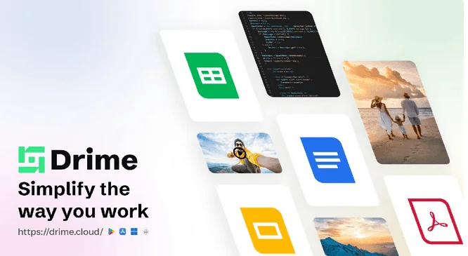 Drime banner "Simplify the way you work" with previews of a spreadsheet, document, slides, PDF, photos and code