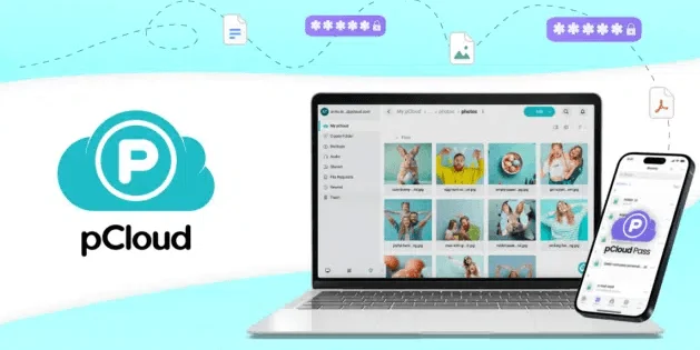 pCloud logo beside the pCloud app on a laptop showing a photo folder, and pCloud Pass on a phone