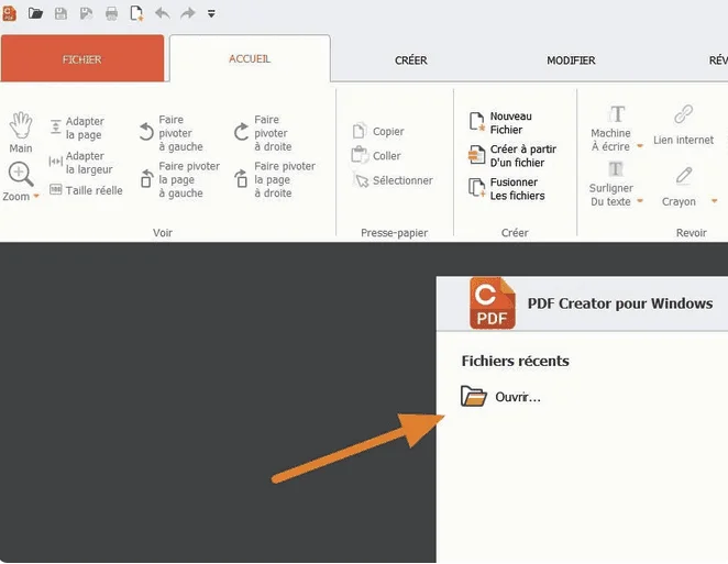 PDF Creator pour Windows avec une flèche pointant vers Ouvrir sous Fichiers récents