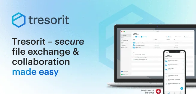 Bannière Tresorit « secure file exchange & collaboration made easy » avec ses applications sur ordinateur et téléphone