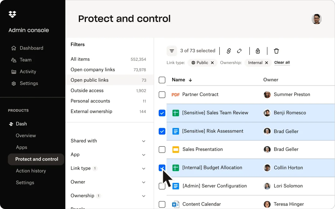 Dropbox admin console "Protect and control" view filtering company files by open public links