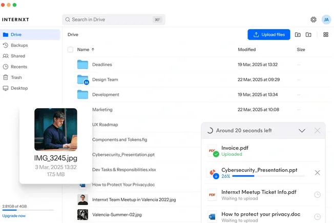 Internxt Drive with folders and files, and an upload panel showing files being uploaded