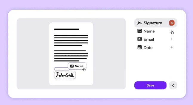 Éditeur de signature Drime avec un document signé et des champs à ajouter : Signature, Name, Email, Date