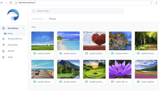 Application web Icedrive affichant un dossier Photos avec des miniatures de paysages
