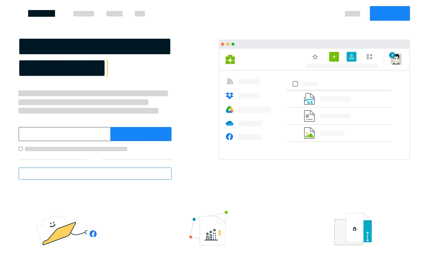 Wireframe of the Koofr web app bringing Dropbox, Google Drive, OneDrive and Facebook files into one list