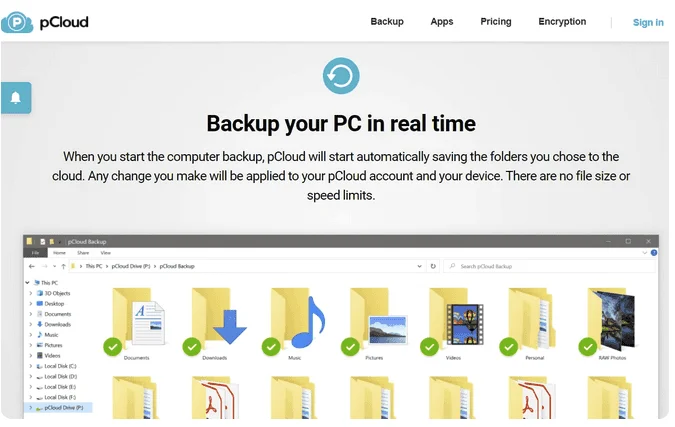 pCloud page "Backup your PC in real time" with backed-up folders in Windows File Explorer