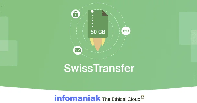 Bannière SwissTransfer d'Infomaniak avec une icône de fichier de 50 GB entourée de symboles cadenas, lien et e-mail