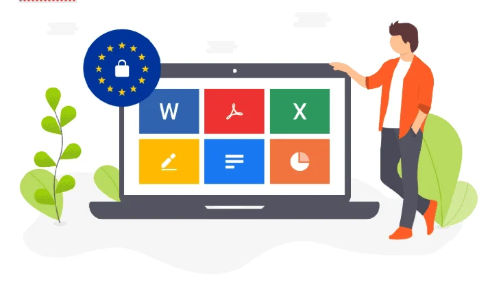 Person beside a laptop showing document icons, with an EU flag padlock badge