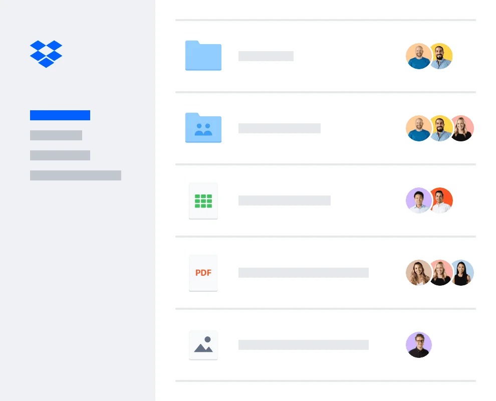 Illustration Dropbox d'une liste de dossiers et de fichiers partagés avec plusieurs personnes