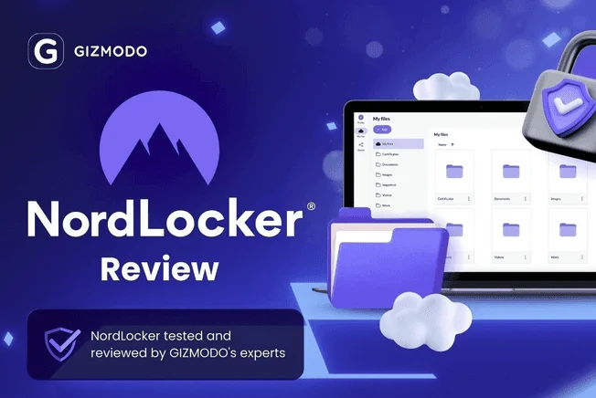 Gizmodo banner "NordLocker Review", tested and reviewed by Gizmodo's experts, with the NordLocker app on a laptop