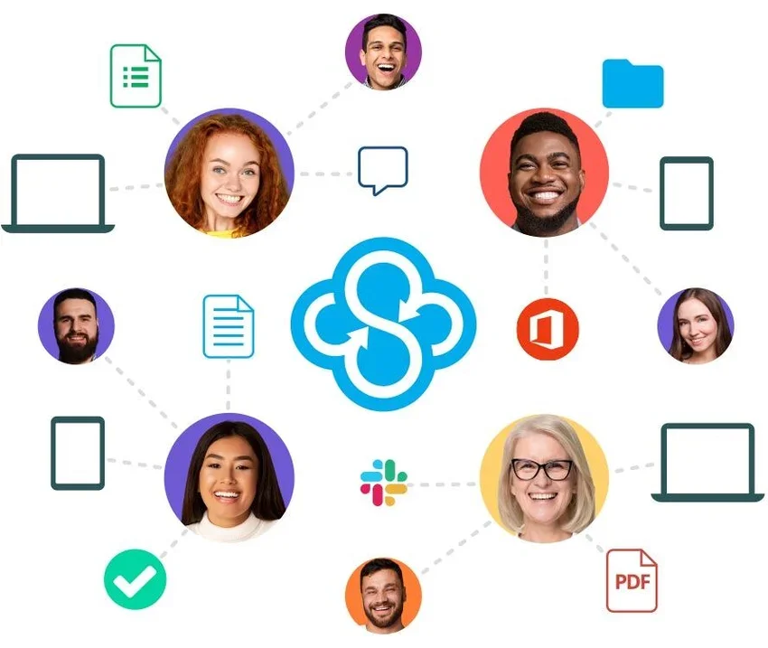 Sync.com logo at the center of a network of people, devices and files